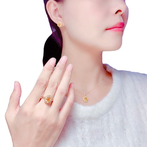 Hot-trend live stream colored gemstone wholesale lucky yellow crystal set for women with full diamond ring pendant earrings and necklace