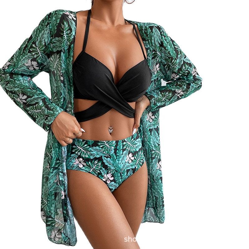 2022 New Swimsuit Sexy Three-piece Printed Bikini Green Leaves Sunscreen Amazon Swimsuit European And American Swimwear