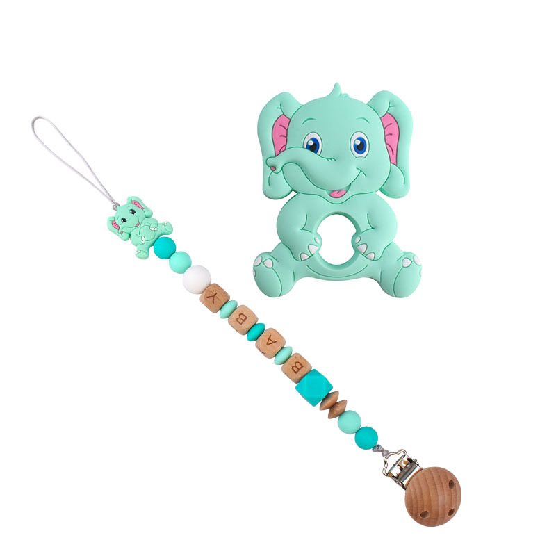 Bebé de dibujos animados elefante de silicona teether stick teether nuevo bebé nombre chupete cadena traje