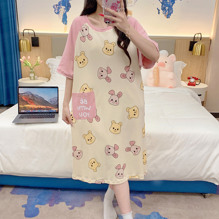 2024 verano ocio de dibujos animados pijama de mangas cortas de mujer bolsillo suelto ropa de casa 6535 fábrica de pijamas de algodón venta directa