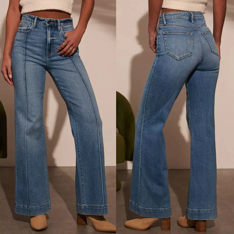 欧美弹力牛仔裤女新款热销亚马逊水洗弹力阔腿长裤时尚气质牛仔裤