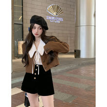 小香风甜辣长袖外套娃娃领系带衬衫丝绒短裤女秋季新款三件套