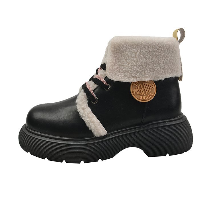 2023 New Academy Style Small Leather Shoes with Plush Martin Boots Thick Sole Thermal Insulation Big Head Ugly Cute Cotton Shoes_voghion.com