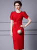 Hip wrapped dress with waistband and studded beads for wedding banquet， mom's formal dress， summer style