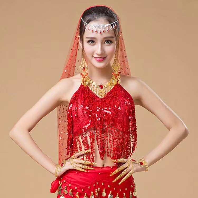 Belly dance top with suspenders, practice outfit, performance costume, dance top, Indian dance costume, sequined bra, sequined suspenders