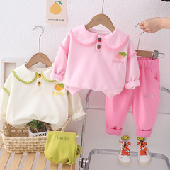 女童春季套裝草莓花邊大翻領可愛純色門襟扣女寶寶童裝長袖2件套1