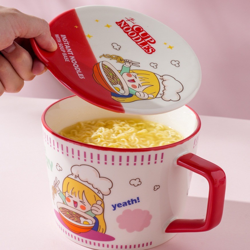Hengbang cerámica caliente bolos de fideos de moda frescos tazas de fideos de restaurantes caseros restaurantes casuales con cubierta de cerámica al por mayor