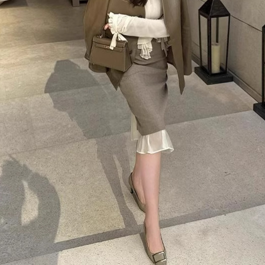 法式名媛春装2025新款高端设计感中长半身裙法式西装花边包臀裙女|undefined