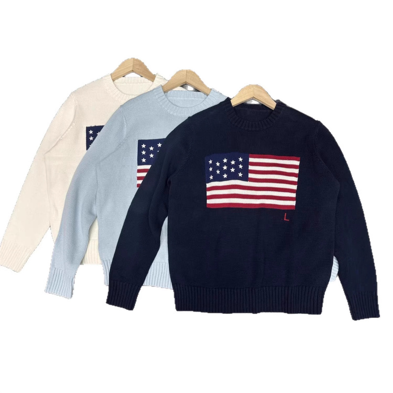 Cross-Border Plus-Size Autumn and Winter New Rl Heavy-Duty Five-Pointed Star Embroidered Striped Flag Pullover Crew Neck Knit Sweater for Men and Women