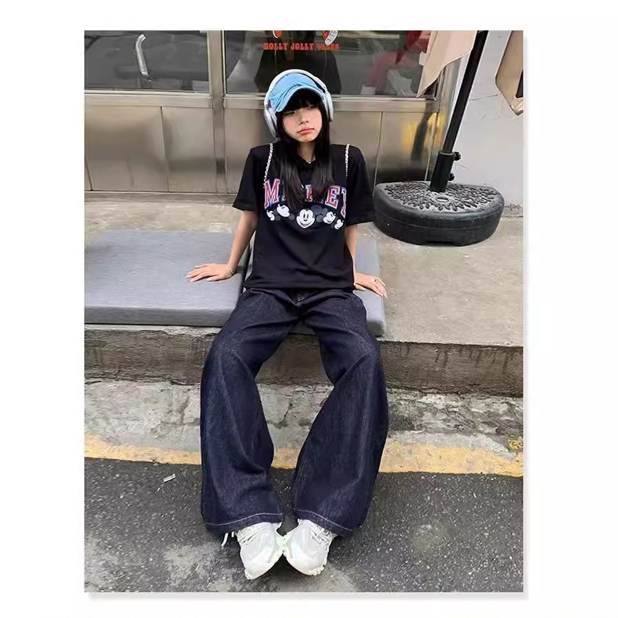 다크 블루 미국식 느슨한 와이드 레그 청바지 여성 2024 년 여름 새로운 딥 게으른 캐주얼 스트레이트 팬츠