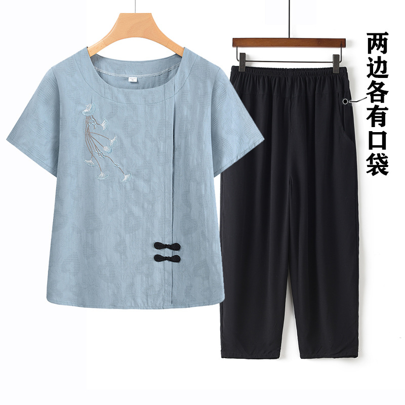 夏装套装短袖妈妈新款绵绸套头两件套老年上衣中老年女奶奶装衣服