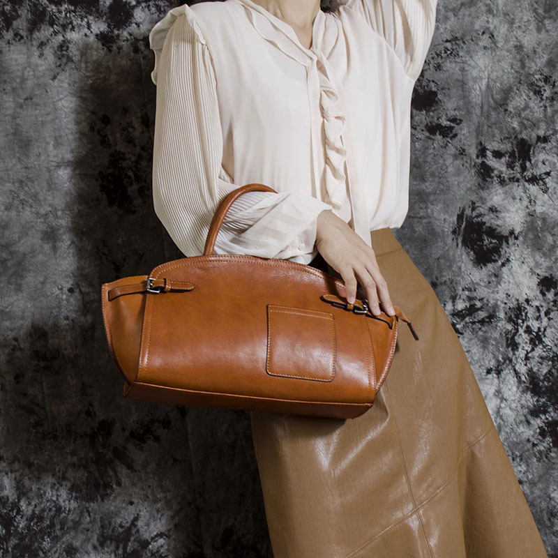Luxury Genuine Leather Boston Bowling Bag Niche Design Retro Handbag Shoulder Underarm Bag Trendy - Thumbnail 2