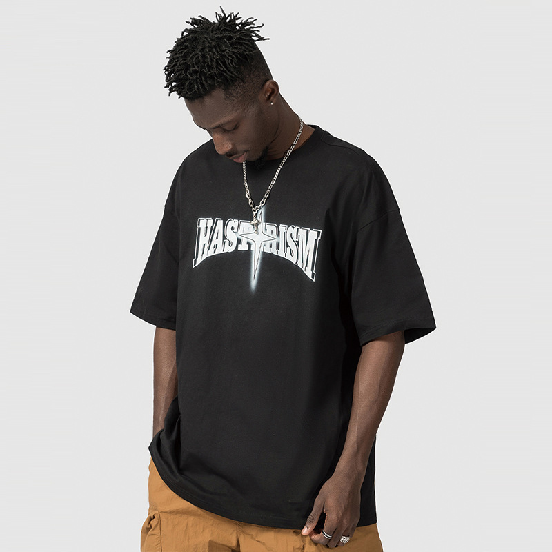 American High Street Fashion Brand T-shirt Men's Short Sleeve Star Print Loose Oversize Off Shoulder Cotton Round Neck_voghion.com