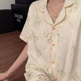 睡衣女夏季新款云朵棉三件套带胸垫小翻领短袖短裤休闲家居服套装