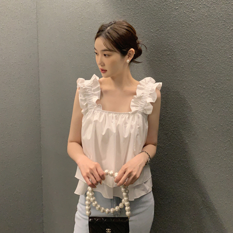 Korean chic Summer Cute Lace Niche Design Sense Square Collar Loose Sleeveless Shirt Doll Top Women