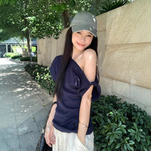 华夫格斜肩短袖修身T恤女2025夏季休闲显瘦气质不规则百搭上衣潮