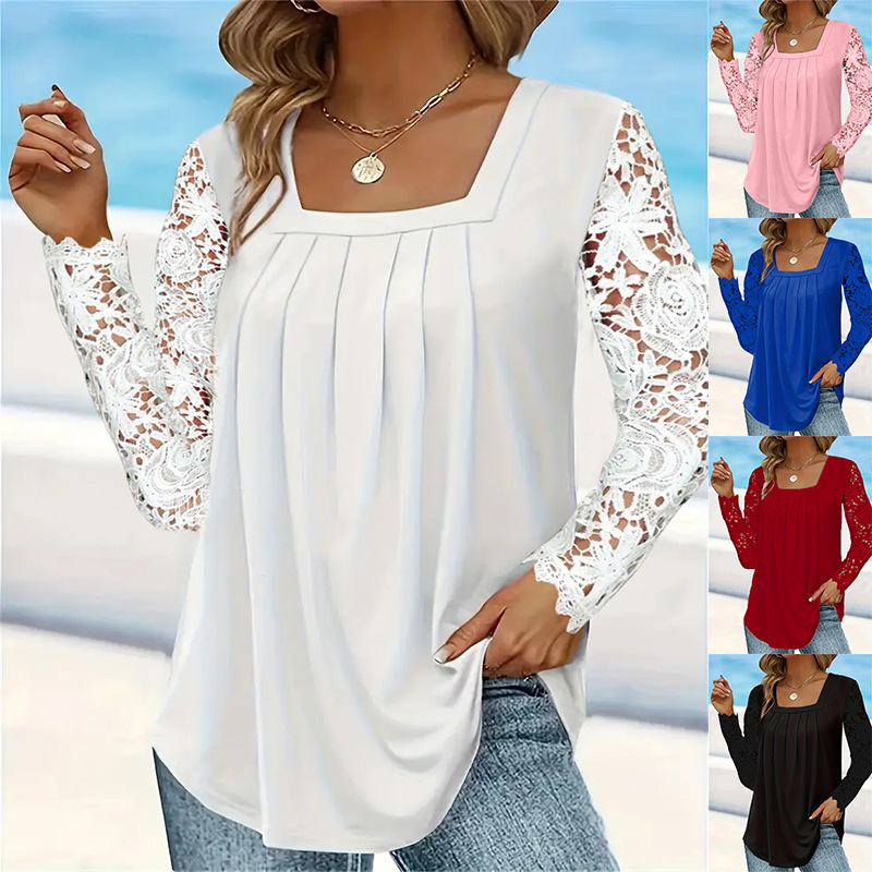 2024 New AliExpress Amazon European size fashion women's long sleeve solid color lace sleeve top