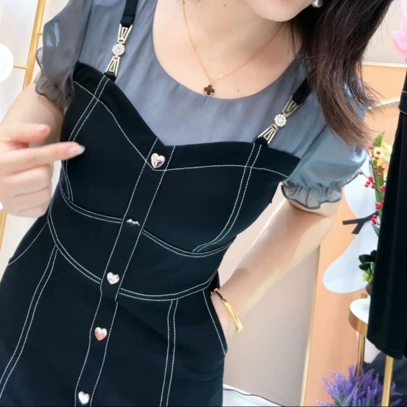 夏季收腰大摆型中长款连衣裙妈妈装减龄洋气显瘦拼接休闲短袖裙子|undefined