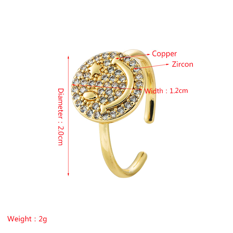 Exclusive For Cross-border European And American Copper Plated Real Gold Micro Inlaid Zircon Geometric Palm Smiley Ring Female Opening Adjustable Ring display picture 1