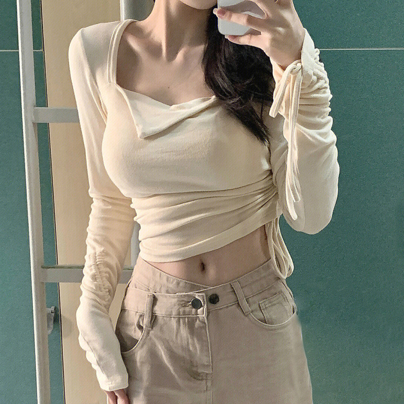 Autumn and Winter New Cross-Border Women's Fashion Tiktok Pure Desire Style Spicy Girl Drawstring Tie-Up Cropped Velvet Long-Sleeve T-Shirt Trendy Top Autumn and Winter New Cross-Border Women's Fashion Tiktok Pure Desire Style Spicy Girl Drawstring Tie-Up Cropped Velvet Long-Sleeve T-Shirt Trendy Top