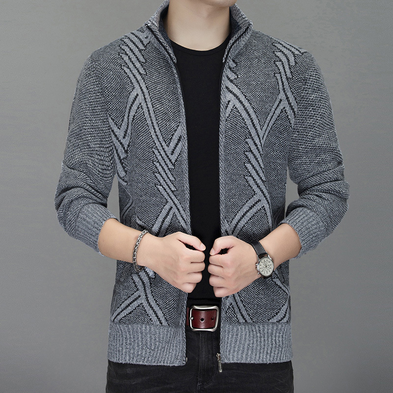 Chaqueta de invierno transfronteriza suéter de los hombres de manga larga collar de pie forrado de lana gruesa de los hombres suéter jacquard chaqueta de los hombres