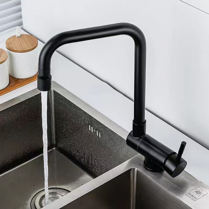 304 Stainless Steel Rotating Folding Kitchen Hot and Cold Water Faucet for Sink Basin, Stainless Steel Sink Black Faucet