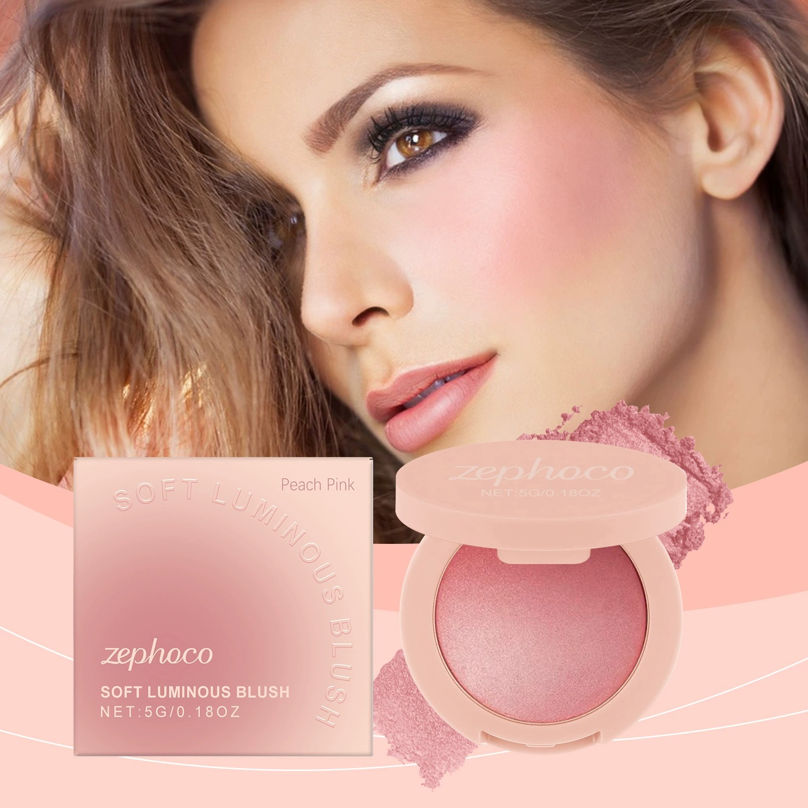 Розовые микролюминесцентные жемчужные румяна Zephoco нежны и гладки, создавая легкий макияж и естественно корректируя тон кожи.