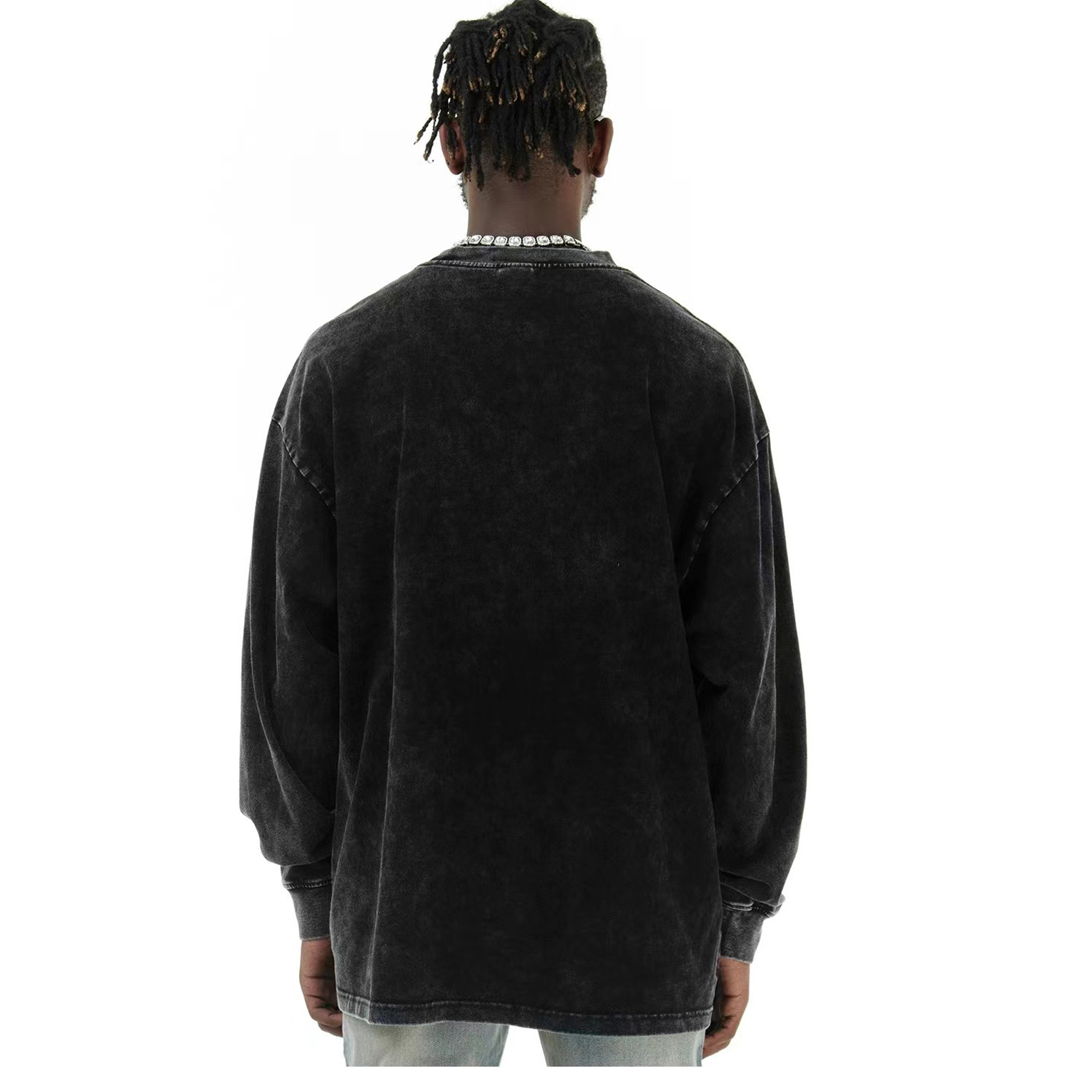 Oscuro estilo hip-hop americano viejo retro cuello redondo camiseta de manga larga para hombres otoño invierno nuevo suelto innings versátil camiseta de base