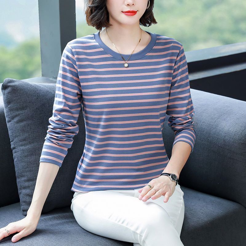 2025 Autum Round Neck Middle-Aged Mother Pure Cotton Loose Inner Layering Shirt Women's T-Shirt Long-Sleeved Early Spring Top