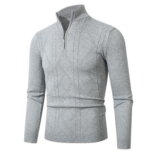 New men's stand-up collar sweater, stylish casual striped half-zip turtleneck knit sweater for men.