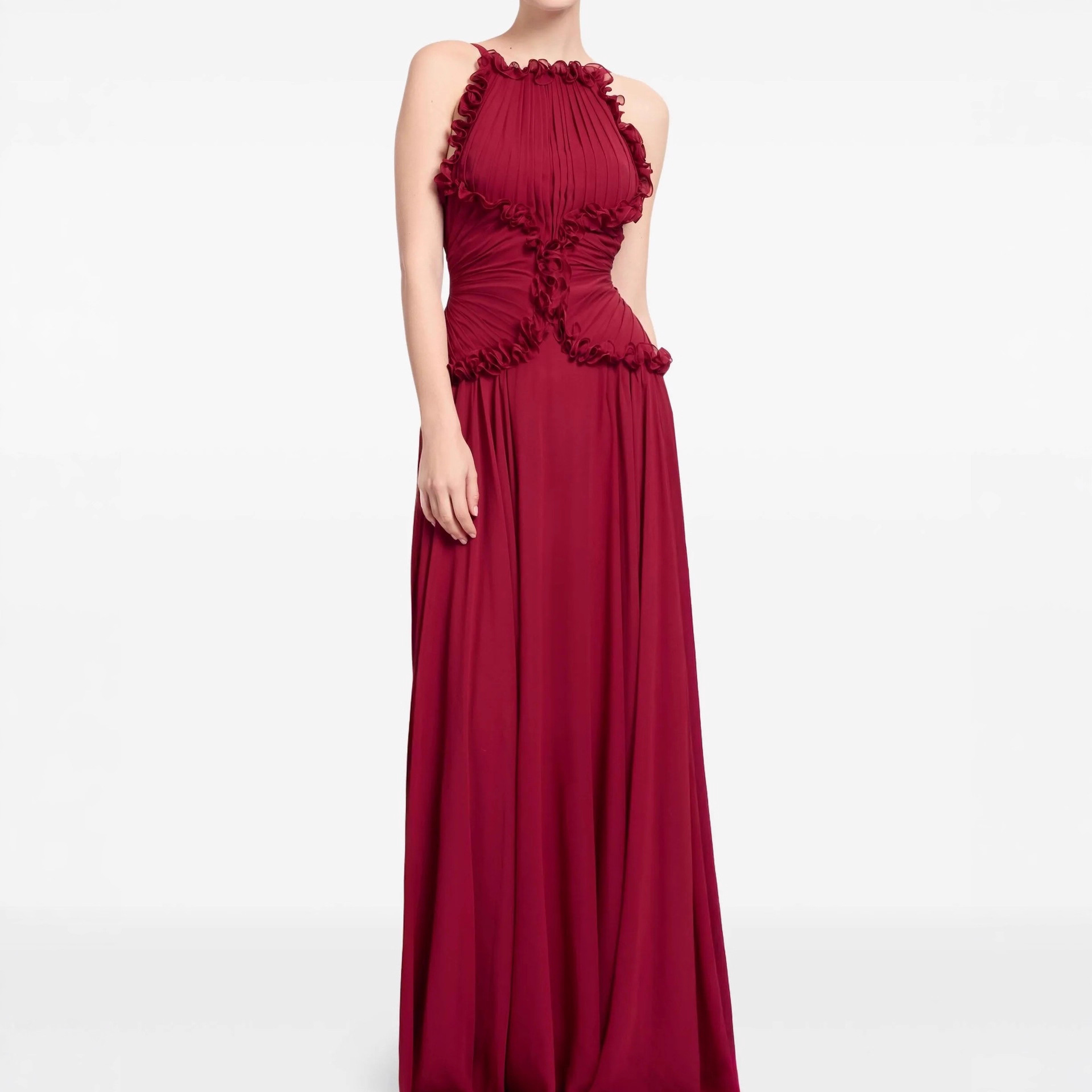 European and American Foreign Trade Women's Clothing Cross-Border Ruffle Pleated Lace Strap Maxi Skirt Casual Chiffon Long Dress Party Evening Gown