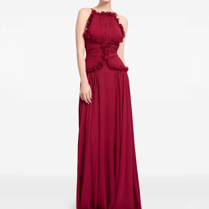 European and American Foreign Trade Women's Clothing Cross-Border Ruffle Pleated Lace Strap Maxi Skirt Casual Chiffon Long Dress Party Evening Gown