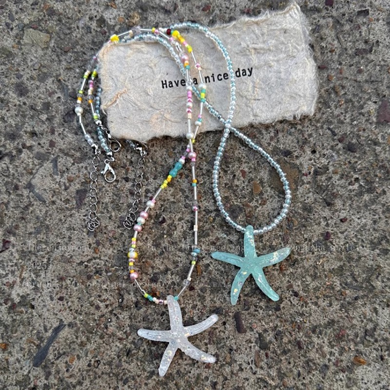 Summer Hot-Selling Starfish Dopamine Beaded Necklace for Women, Niche Seaside Vacation Style Clavicle Chain, Fresh and Cute Accessory