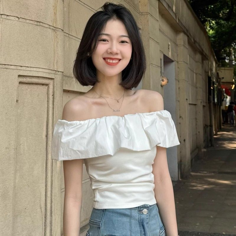 순수한 욕망 스타일 화이트 러플 원 숄더 반팔 티셔츠 여성 여름 섹시한 오프 숄더 독특하고 아름다운 핀치 허리 탑