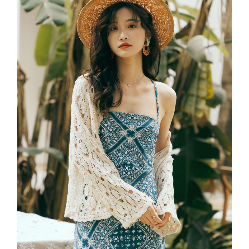 春款毛衣外套女纯色镂空开衫薄慵懒风钩花v领针织长袖上衣宽松女