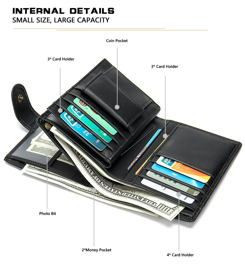 Ví nam da bò thật chống từ RFID dạng ngang nhiều ngăn đựng thẻ — Cà phê dầu, Màu đen, 8610 màu đen chi tiết 27