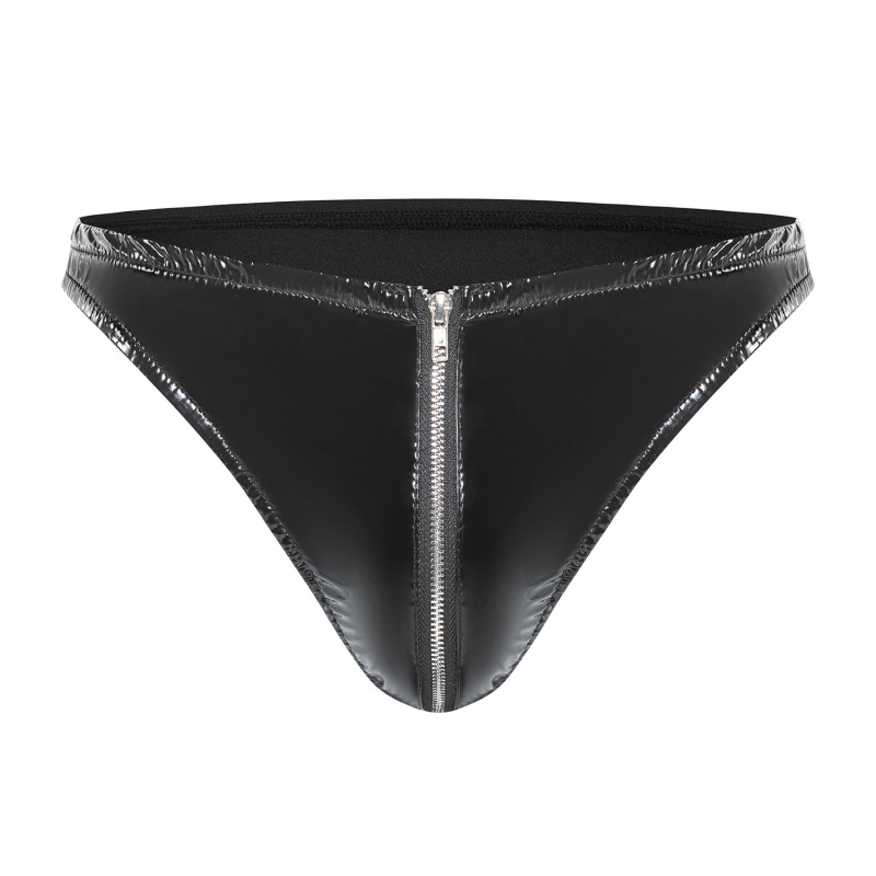 Cherry Temptation Cross-Border Men's Pvc Mirror-Shine Leather Briefs Sexy Zipper Open-Crotch Leather Underwear for Nightclub Performance