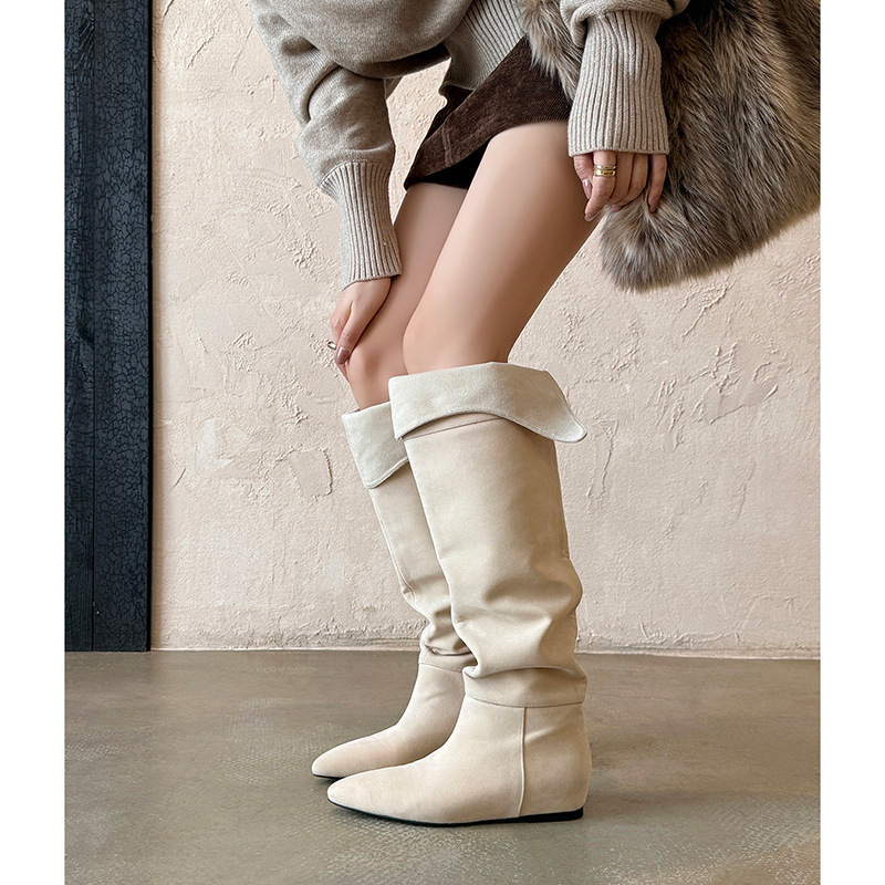 Fashion Western Boots Pointed Toe High Chelsea Boots Cowhide Simple Retro Internal Height-Increasing Long Boots Over-The-Knee Slouch Boots