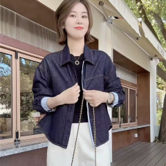 港风复古牛仔外套女秋季短款高品质拼接格纹翻领衬衫爆款洋气上衣