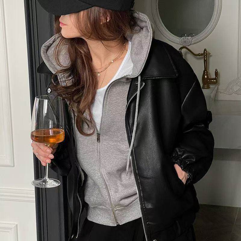 Áo khoác da nữ dáng rộng cổ bẻ phong cách đường phố — Màu nâu, cao cấp, có lót vải, Đen, cao cấp, có lót vải chi tiết 7
