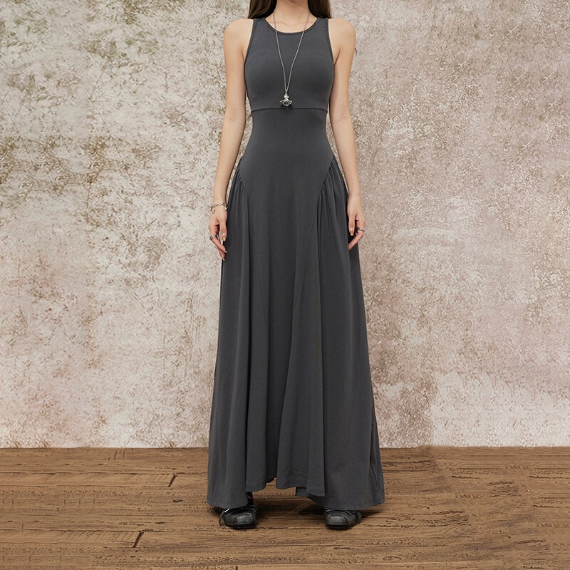 Retro Slim-Fit Sleeveless Dress with Cut-Out Back, Sexy Waist-Cinching A-Line Long Dress, Versatile for Spring and Summer