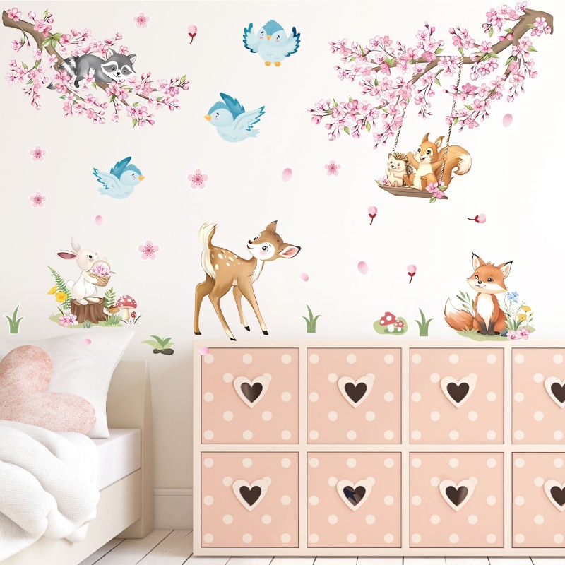Amazon's New Pink Cherry Blossom Branch Sika Deer Fox Wall Sticker Kidsren's Bedroom Living Room Home Decoration Sticker
