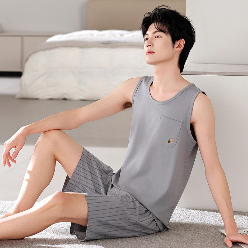 Pijama de hombre de verano modelo chaleco sin mangas delgado ropa casera casera papá suelta tamaño grande se puede usar fuera