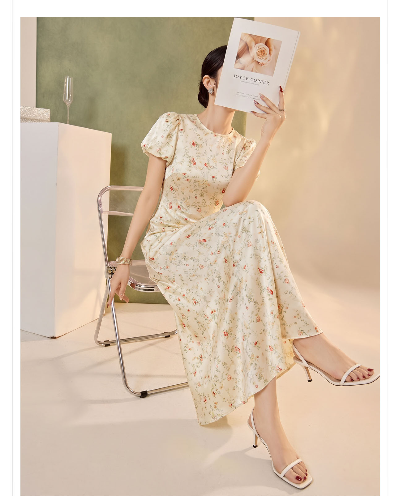 Đầm maxi kiểu Pháp tay bong bóng cổ vòng thắt eo họa tiết hoa vàng — Hoa vàng chi tiết 2
