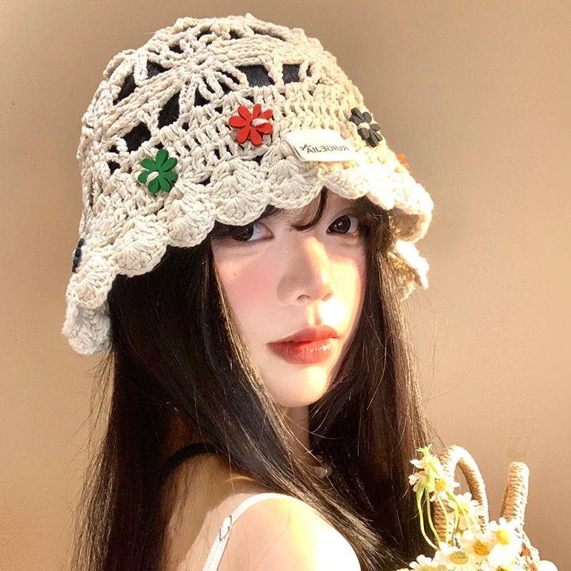 复古花朵手工钩花针织渔夫帽女镂空透气盆帽民族风显脸小包头帽子