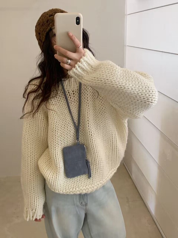 韩国羊毛粗针米色毛衣女复古日系圆领宽松套头针织衫上衣G1549|undefined