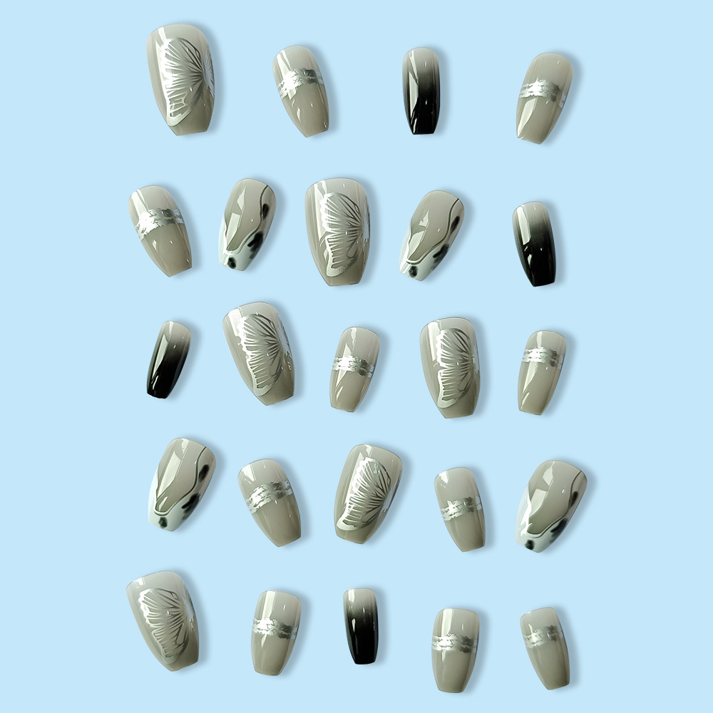 Venta caliente transfronteriza mariposa plateada sombra gris arte de uñas moda uñas portátiles desmontables frías 24 piezas parche de uñas terminado image 5