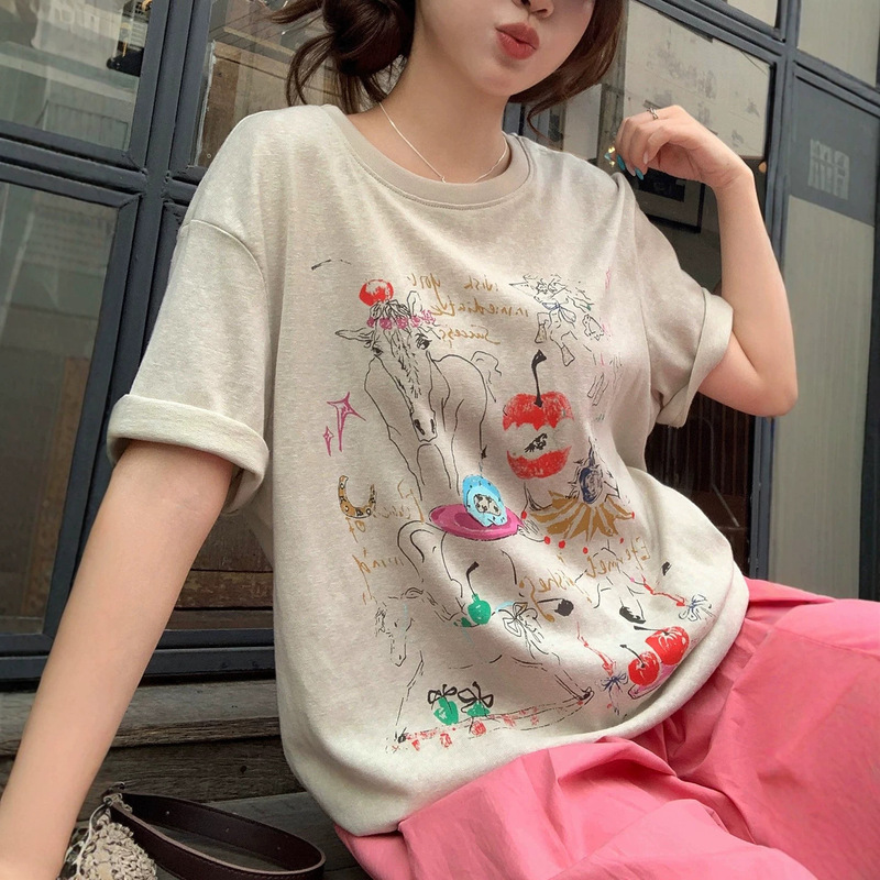 Party Pony Fun Graffiti Summer Refreshing Hemp-Feel Snowflake Cotton Design Hand-Painted Print Short-Sleeve T-Shirt for Women Party Pony Fun Graffiti Summer Refreshing Hemp-Feel Snowflake Cotton Design Hand-Painted Print Short-Sleeve T-Shirt for Women
