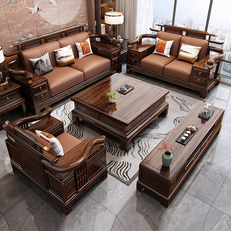 New Chinese Style Ebony Solid Wood Sofa Combination Villa Living Room Winter and Summer Dual-Use Simple Mahogany Furniture for Large and Small Sizes