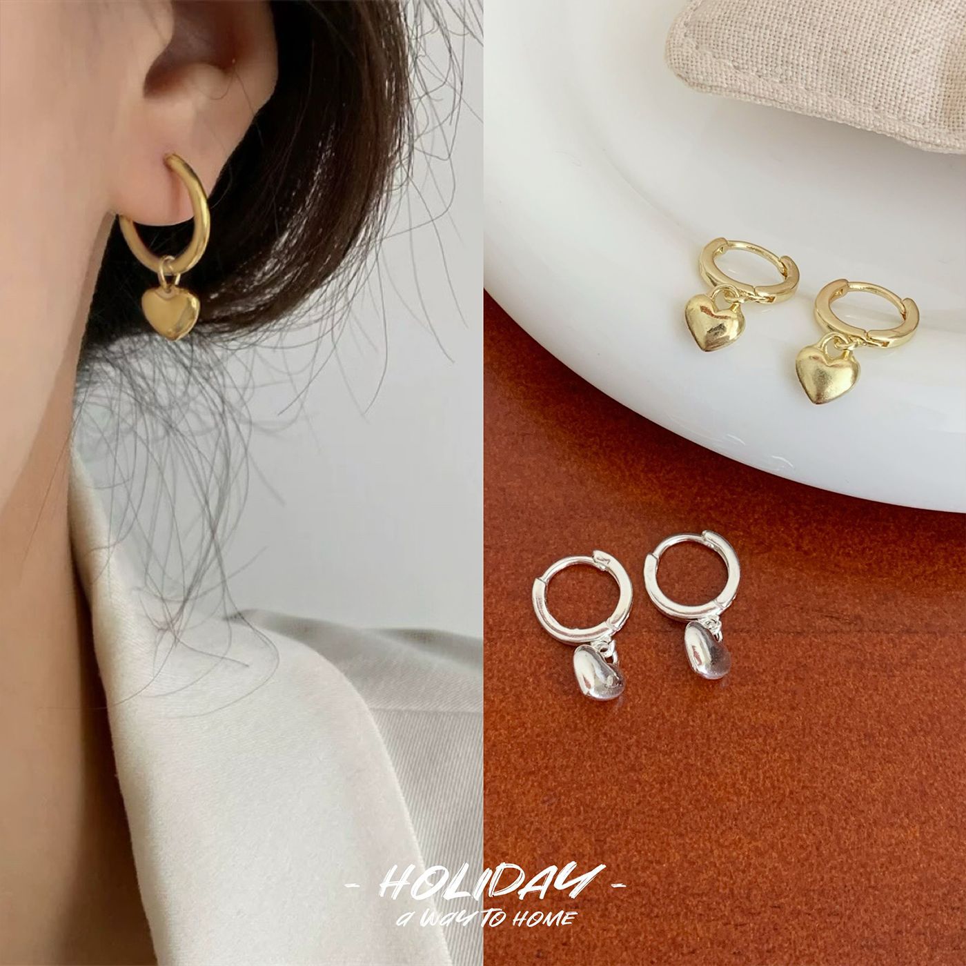 Cross-Border New Simple Heart Pendant 10mm Earrings for Women, Elegant Minimalist Style, Unique Light Luxury Everyday Versatile Hoop Earrings